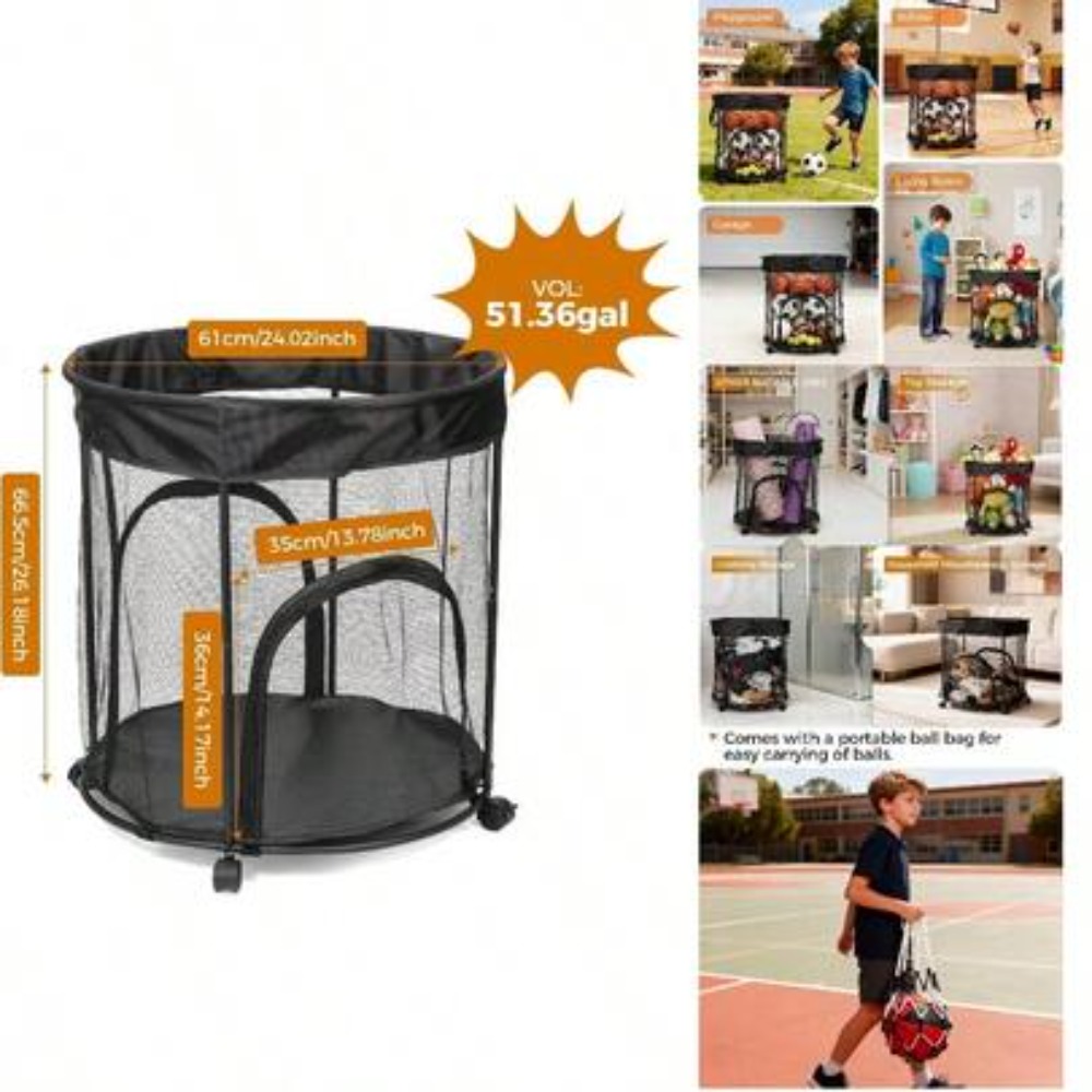 Sports Equipment Cart On Wheels - 51.36 Gallon Ball Storage Cart With